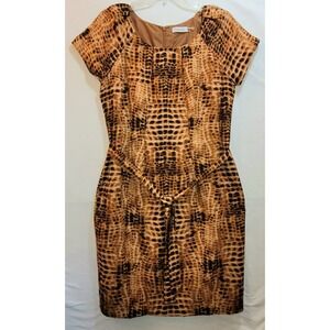 Calvin Klein Shift Dress Sz 10 Brown Black Animal Short Sleeve Tie Belt Back Zip